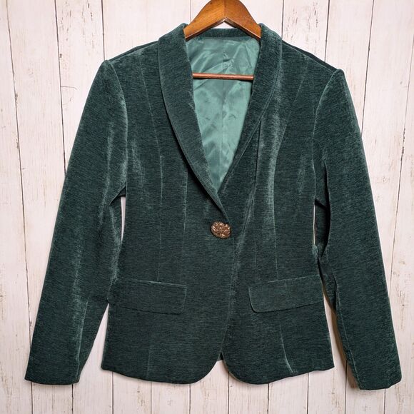 Green Velvet Blazer Jacket Gold Buttons Size XL Witchy Holiday Party Glam Sexy - Picture 1 of 8